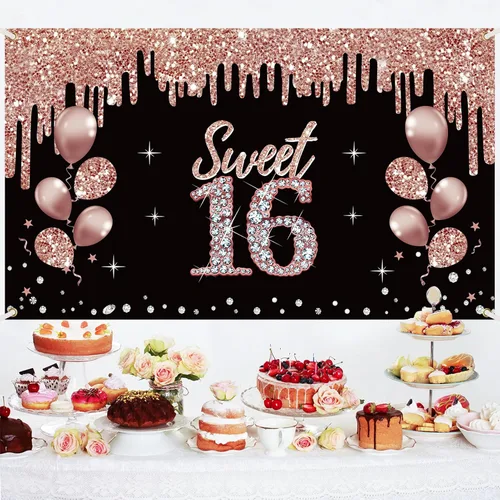 Miniatura 4 de Cartel de decoración de feliz cumpleaños número 16 para niñas, decoración de cumpleaños de 16 años de oro rosa, suministros de fiesta, fondo