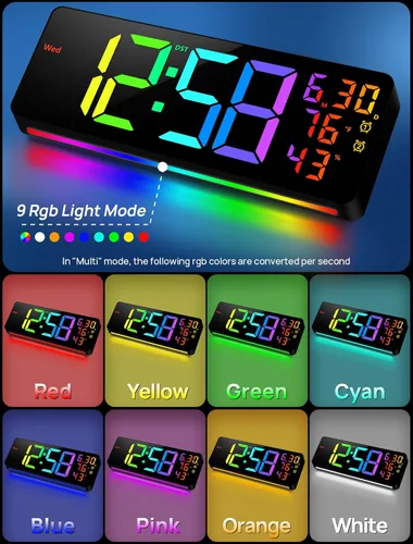 Miniatura 4 de MASHI Reloj digital grande de montaje en pared de 17.3 pulgadas, reloj digital con control remoto, alarma, LED grande, color RGB, DST, temperatura