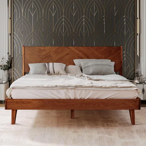 Miniatura 10 de Gazelle Signature - Marco de cama con cabecera alta de plataforma de madera maciza, marco de cama Queen, cama de madera natural Art Deco compatible