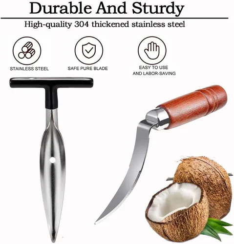 Miniatura 3 de Juego de herramientas de abridor de coco de alta calidad, cuchillo raspador de coco y removedor de carne de coco de acero inoxidable con mango