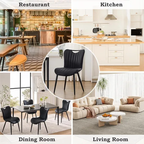 Miniatura 6 de Juego de 2 sillas de comedor tapizadas de cuero, modernas sillas de comedor de cocina de mediados de siglo con patas de metal negro, sillas