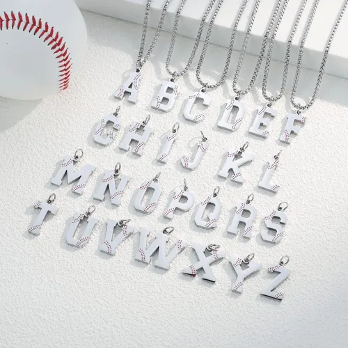 Miniatura 2 de Susook Collar con inicial de béisbol para niños, dije de letra A-Z, cadena de acero inoxidable de 22 + 2 pulgadas, regalo de béisbol personalizado