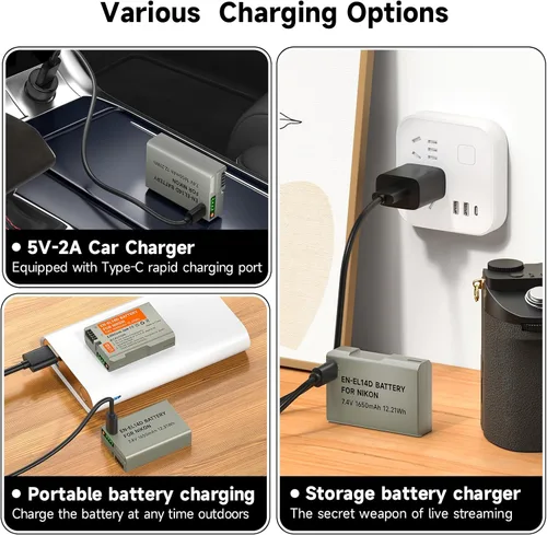 Miniatura 4 de EN-EL14, EN-EL14A USB C Batería de repuesto de carga directa para Nikon D3500, D3100, D3200, D3300, D3400, D5100, D5200, D5300, D5500, D5600, DF