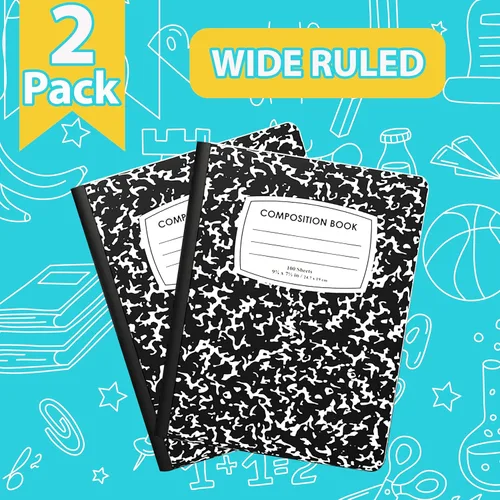 Miniatura 2 de ENVO Cuadernos de composición, Cuaderno de composición de rayas anchas, Cuaderno de composición con cubiertas de mármol negro, 100 hojas, Paquete