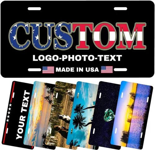 Fabricado en EE.UU. — Placa de matrícula personalizada novedosa, añade tu texto, imagen, foto o logotipo, etiqueta frontal personalizada, accesorio