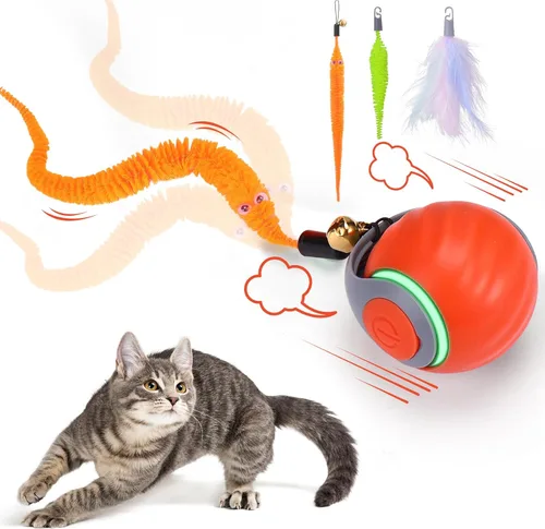 BABORUI Pelota de juguete interactiva para gatos, juguetes interactivos automáticos para gatos de interior con 3 colas, 2 velocidades, juguetes de