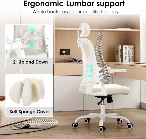Miniatura 6 de Silla de oficina ergonómica con soporte lumbar ajustable y reposacabezas, silla de escritorio de malla de respaldo alto con reposabrazos abatibles