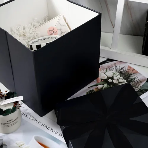 Miniatura 5 de RUSPEPA Caja de regalo mediana negra con tapas, cinta y papel de seda, caja de regalo plegable perfecta para cumpleaños, graduación, día del padre
