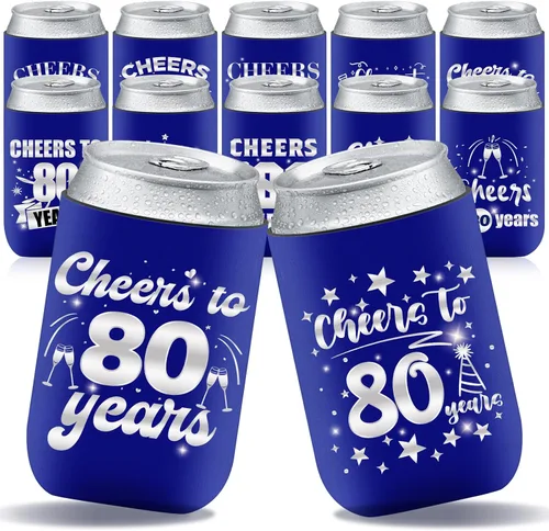 Decoración de manga enfriadora de latas de cumpleaños número 80, 12 unidades, recuerdos de fiesta de 80 para hombres y mujeres, suministros de Azul