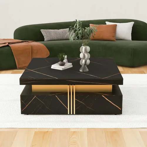 Miniatura 3 de SSLine Moderna mesa de centro cuadrada de color negro y dorado, mesa de centro de cóctel de mármol sintético de lujo con 4 cajones