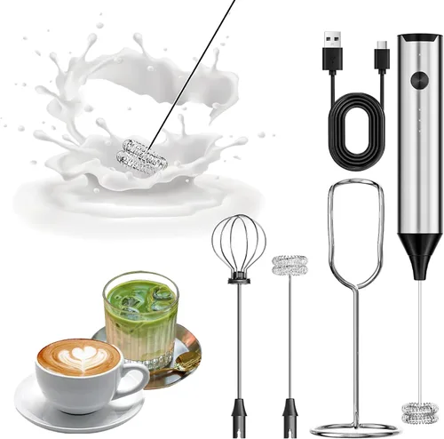 Rechargeable Handheld Milk Frother for Coffee, Hand Frother with Stand, Drink Mixer Frother Wand Electric Whisk Stirrer for Latte, Matcha,