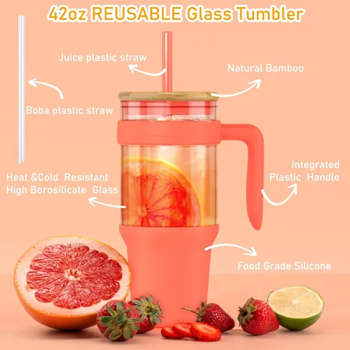 Miniatura 2 de Tronco Vaso de vidrio de 40 onzas con popote y tapa, taza de café helado reutilizable con asa, botellas de agua de vidrio para batidos, se adapta a
