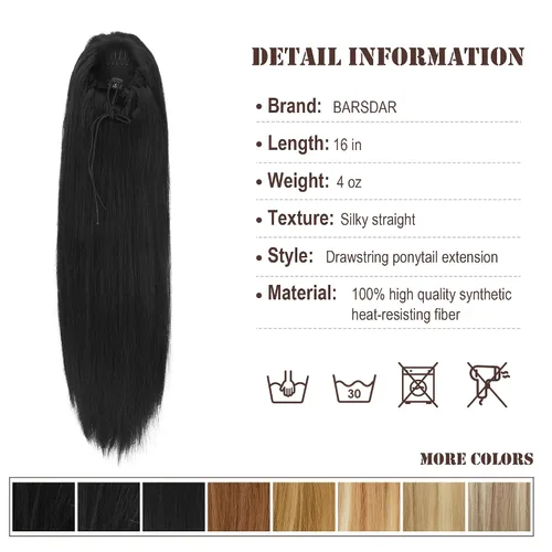 Miniatura 7 de BARSDAR Extensión de Cola de Caballo Corta y Recta - Extensiones de Cabello de Cola de Caballo Negra con Cordón de 16 Pulgadas para Mujeres - Negro
