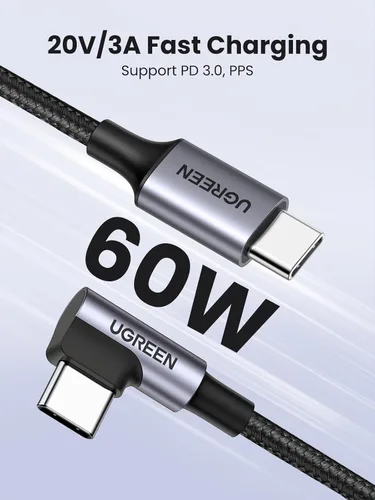 Miniatura 3 de Cable Ugreen USB C a USB C de 6.6 pies, ángulo recto de 90 grados tipo C de 60 W para iPhone 17/16, MacBook Pro/Air, iPad Pro 2022/Air 5/Mini 6