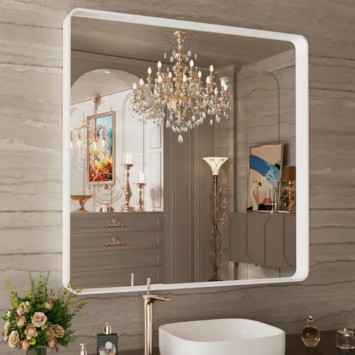 Miniatura 77 de Espejo de baño LED de 60x36 pulgadas con marco negro, espejos de baño retroiluminados y con luz frontal para pared, antiempañamiento, regulable