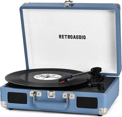 Tocadiscos de vinilo con Bluetooth, estilo vintage, portátil, estilo maleta, con altavoces integrados, 3 velocidades, reproductor de discos Azul