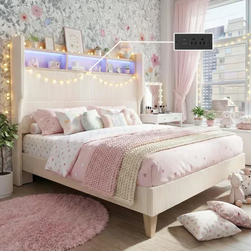 HOMRELEXA Base de cama tamaño matrimonial para niñas con cabecera de 51 pulgadas de alto, luces LED y estación de carga, plataforma tapizada de pana