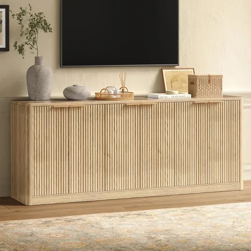 Evermagin Soporte de TV acanalado de roble de 67 pulgadas para televisores de hasta 75 pulgadas, centro de entretenimiento moderno de mediados de