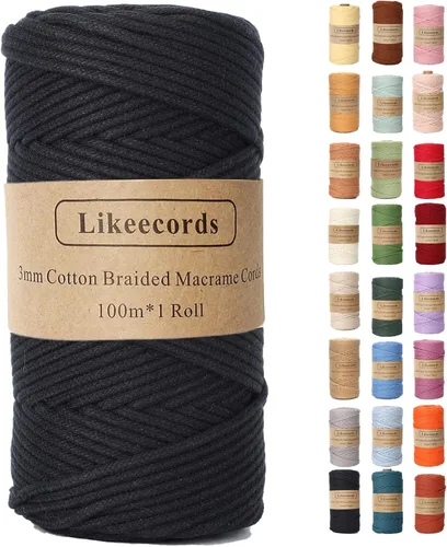 Miniatura 23 de Cordón de Algodón Trenzado 3mm x 109 yardas - Cuerda de Macramé Colorida para Manualidades, Ganchos, Colgantes de Pared - 100% Algodón Natural