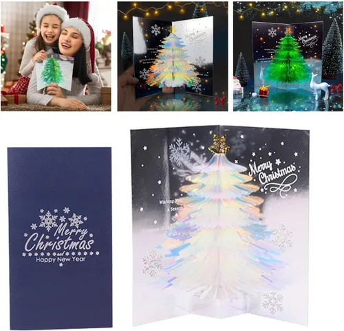 Tarjeta desplegable 3D única de árbol de Navidad, tarjeta de felicitación con purpurina para árbol de Navidad, tarjeta tridimensional de cristal,