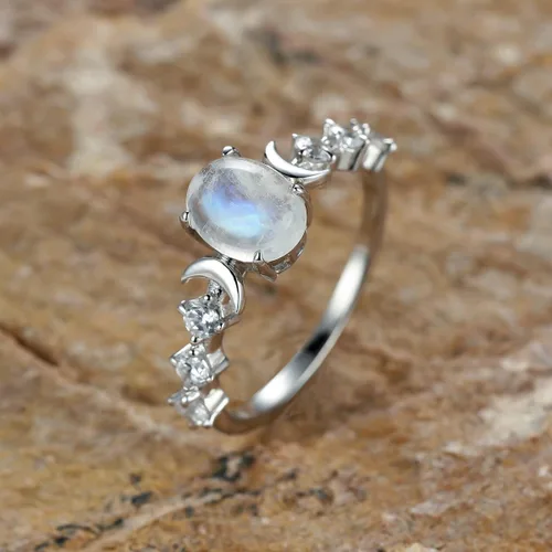 Miniatura 6 de Angol Anillo de piedra lunar auténtica de plata de ley, anillo de fase lunar, ovalado de piedra lunar, circonita cúbica, anillo minimalista