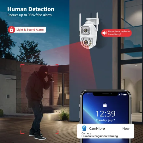 Miniatura 7 de BOAVISION Paquete de 2 cámaras de seguridad WiFi 2.4G/5G para exteriores, PTZ inalámbrica de lente dual, vista de 360°, seguimiento humano con IA