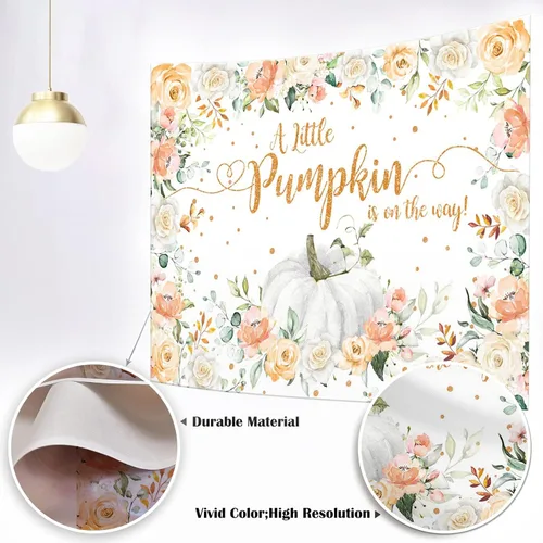Miniatura 2 de Mocsicka Telón de fondo de calabaza otoñal para baby shower, decoración de fiesta de otoño con texto en inglés "A Little Pumpkin is on The Way