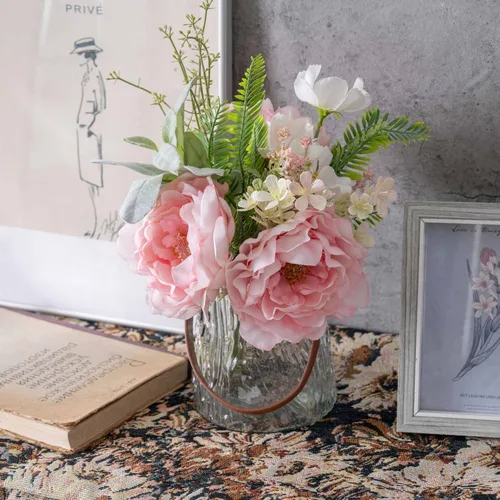 Miniatura 4 de KIRIFLY Flores artificiales falsas en jarrón, centros de mesa de seda de peonía sintética para decoración de mesa de boda (rosa en vidrio)