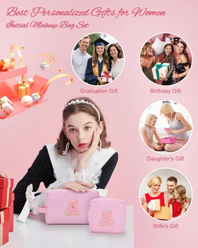 Miniatura 2 de MONSTINA Cesta de Pascua para adolescentes, bolsa de maquillaje con inicial, bolsa de cosméticos personalizada para niñas y mujeres, bonita bolsa