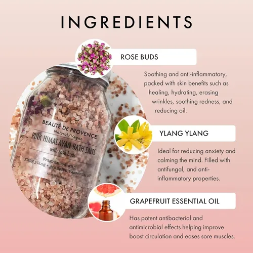 Miniatura 3 de Beaute DE Provence Sal de baño rosa del Himalaya con pétalos de rosa, aromaterapia y relajación 100% natural, sales de baño de aceite esencial