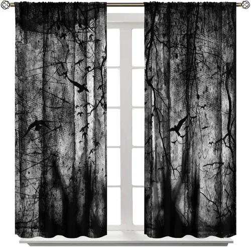 Miniatura 8 de Cortinas opacas de bosque gótico, con niebla y misterioso bosque de fantasmas, cortinas opacas para ventana, fiesta de Halloween, árboles muertos