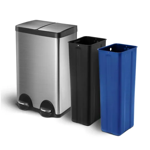 Home Zone Living Bote de basura de cocina de 16 galones con compartimentos dobles para basura y reciclaje, tapas de cierre suave, pedales y forros