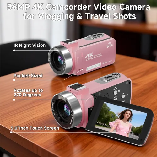 Miniatura 9 de Videocámara, Grabadora de Video Digital 4K 56MP 18X Zoom 3" Pantalla Táctil con Rotación de 270° Visión Nocturna IR, Cámara para Vlogs WiFi para Rosa