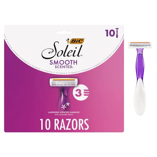 BIC Soleil 3 Desechables para mujer perfumadas con 3 cuchillas de afeitar, aroma a lavanda calmante y tira de humedad de vitamina E, 10 unidades