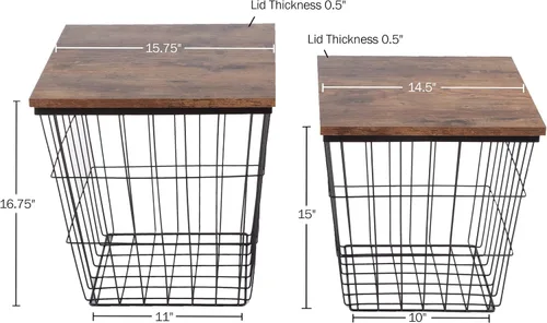 Miniatura 2 de Juego de 2 mesas auxiliares - Mesas anidables con tapas de madera extraíbles y bases de cesta de metal para almacenamiento de mantas - Muebles