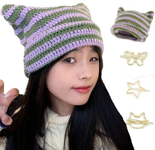Gorro con orejas de gato Y2K a rayas de ganchillo, accesorios vintage Grunge, gorros holgados para mujer