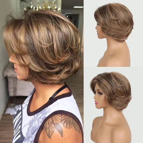 Miniatura 10 de Aisaide Peluca Corta de Corte Pixie Gris Platino con Flequillo de Cortina Bob para Mujeres - Peluca Sintética con Raya Lateral Despeinada