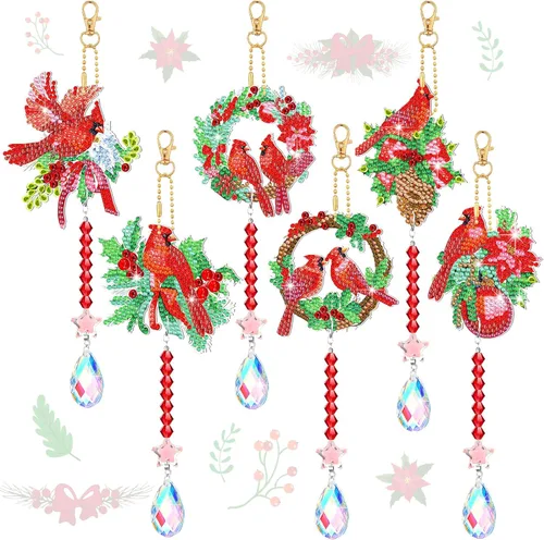 Miniatura 8 de Juego de 6 piezas de arte de diamantes de Navidad de doble cara, cardenal de diamante, campanillas de viento, arte para ventana, decoración de árbol