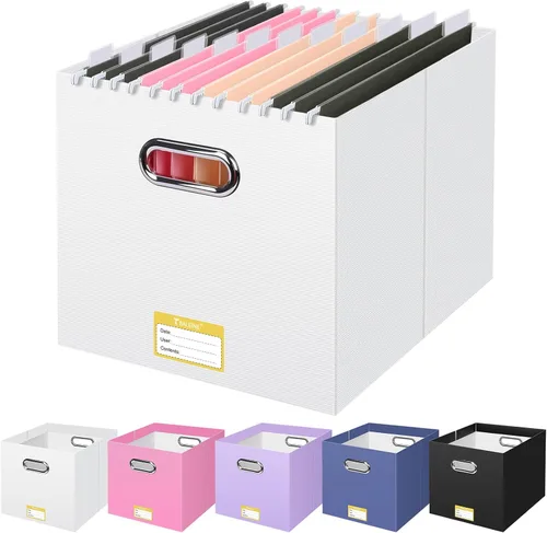 Miniatura 30 de BALEINE Caja organizadora de archivos, organizador de carpetas de archivos de cartón con asa para tamaño carta, caja de archivos colgante plegable