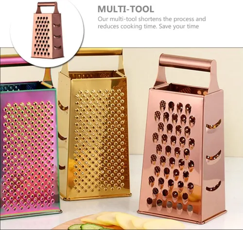 Miniatura 9 de IMIKEYA Rallador de queso de 4 caras de acero inoxidable con mango para verduras, jengibre, rebanada de cocina, trituradora de alimentos rosa Oro