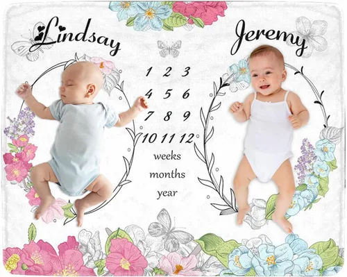 Miniatura 11 de Manta de hito para bebé personalizada con nombre, manta personalizada de flores en forma de mariposa con tabla de crecimiento calendario, manta