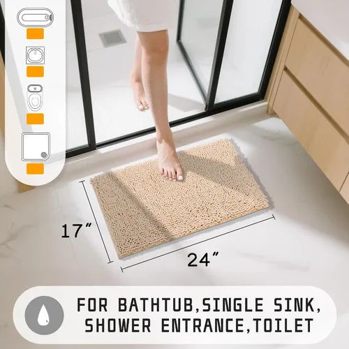 Miniatura 2 de Yimobra Tapetes de baño lavables, de chenilla súper suave y absorbente, para suelo y alfombra, de secado rápido, antideslizante, para bañera y Beige