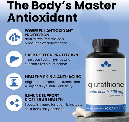 Miniatura 8 de Luma Nutrition Suplemento premium de glutatión - 500 mg - L-glutatión - Soporte antioxidante - Reducido - Soporte hepático - 60 cápsulas