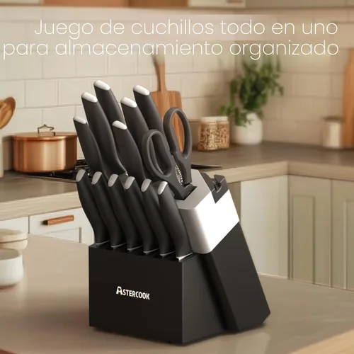 Miniatura 7 de Astercook Juego de cuchillos, cuchillos de cocina con bloque y afilador, revestimiento de cerámica, 15 unidades, cuchillos alemanes de acero Un