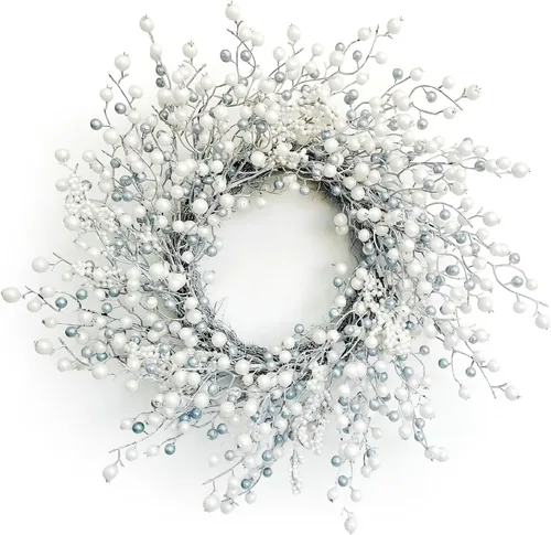 Miniatura 8 de Corona de invierno verde de 22 pulgadas, cono de pino artificial y corona de puerta delantera de acebo para decoración de Navidad de granja