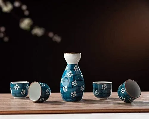 Miniatura 2 de Juego de sake de 5 piezas, juego de sake japonés de cerámica duradero con 1 jarra/decantador/botella de Tokkuri y 4 tazas Ochoko para sake caliente