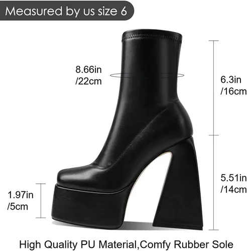 Miniatura 5 de Uacllcau Botas de plataforma para mujer, botas de media pantorrilla, punta cuadrada, botas de tacón alto grueso con cremallera lateral