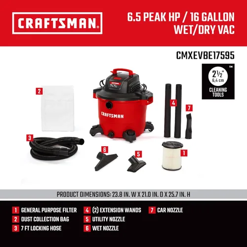 Miniatura 3 de CRAFTSMAN CMXEVBE17595 - Aspiradora húmeda y seca de 16 galones, 6.5 CV pico, aspiradora de taller resistente con filtro, bolsa para polvo, manguera
