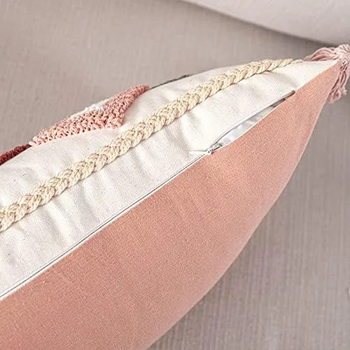 Miniatura 2 de Bonita funda de almohada lumbar tejida de algodón rosa con borlas y diamantes étnicos bohemios indios con borlas, funda de cojín acogedora