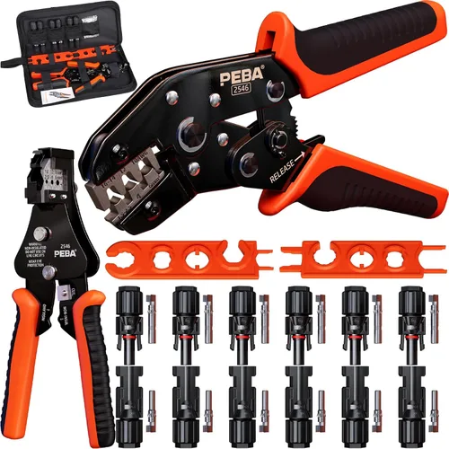 Miniatura 11 de PEBA Kit de herramientas de prensado, crimpadora solar para cable de panel solar AWG 16-10, con 6 pares de conectores solares IP68 y 1 par de llave